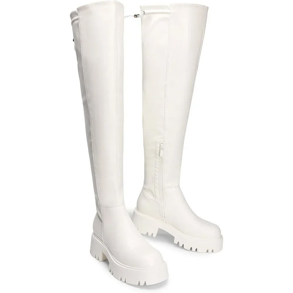 🆕Women's White-pu Faux Leather Over The Knee Lug Sole Round Toe Thigh High Boot